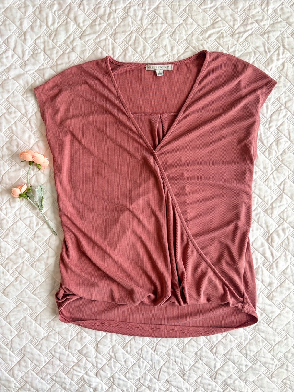 Green Envelope LA Dusty Rose Faux Wrap Ribbed Top Size S